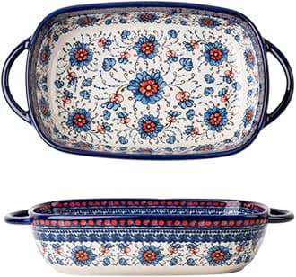 Blue and Orange Flower Vintage Style Ceramic Bakeware Casserole Dish Baking Pan Lasagna Pans with Handles for Oven/Cooking/Kitchen-1 PCS-22 OZ