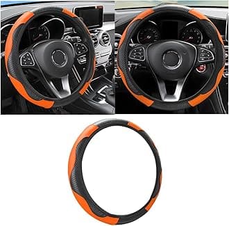 Car Steering Wheel Cover, 15 inch Carbon Fiber Microfiber PU Leather Elastic Steering Wheel Protector for Men Women, Anti-Slip Breathable Car Interior Accessories for Most Cars (Black/Orange)