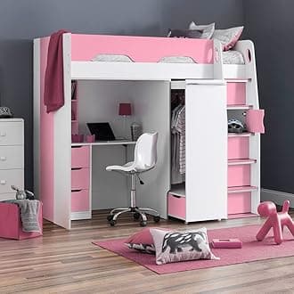 happybeds High Sleeper Storage Bed, Pegasus Wood Modern Desk Wardrobe Drawers Cupboards Loft Bunk (3FT - Spring Mattress, Pink and White)