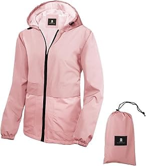 SaphiRose Lightweight Rain Jacket Women Waterproof Raincoat Packable Hooded Windbreaker (Pink,Small)