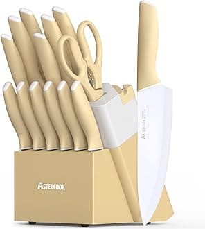 Astercook Kitchen Knife Set with Block and Sharpener 15 Piece Knives Set with Ceramic Coating German High Carbon Stainless Steel Knives Sharp Blade Dishwasher Safe Deba Knives with Ergonomic Handle