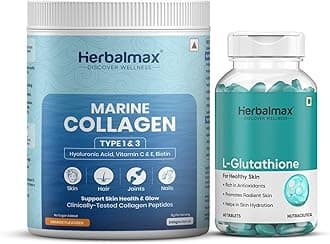 Glutathione & Marine Collagen Combo, Tablets & Powder with Antioxidants, Hyaluronic Acid, Vitamin C & E, Biotin, Supports Skin, Hair, Nails, Bone & Joint, Type 1 & 3 Collagen Peptides