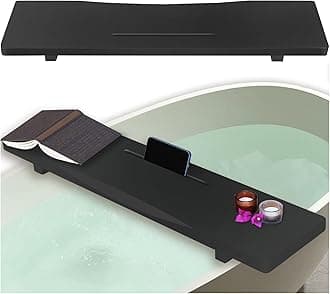 Stylish Black 1.2IN Thickened Board Bamboo Bathtub Tray Caddy with Adjustable Legs, Minimalistic Design Bath Tray for Tub, Bathtub Accessories, Fit Free-Standing and Large Bath Tubs, Idea for Women
