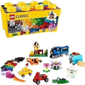 10696 Classic Medium Creative Brick Box, Easy Toy Storage, Colourful Bricks Building Set, Toys for Kids, Boys & Girls Aged 4 Plus Years Old with Wheels, Windows, Eyes and a Green Base Plate