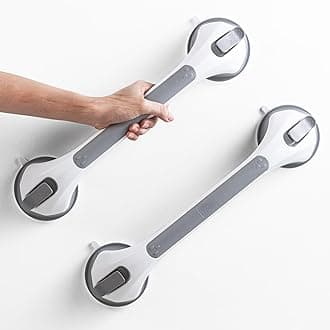 LEVERLOC 2 Pack Shower Grab Bars for Bathtubs and Showers, Easy to Install Suction Shower Handles for Bathroom Removable Handrails for Seniors Elderly Heavy Duty Safety Grip Waterproof Drill Free Gray