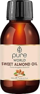 Pure World Natural Sweet Almond Oil 100ML 100% Pure Undiluted Premium Quality Cold Pressed Almond Oil – Massage, Skin, Nails, Body and Face, Edible Vegan.