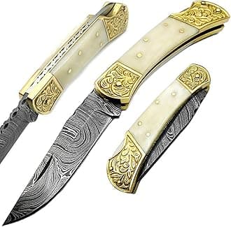 Best.Buy.Damascus1 Damascus pocket knife, Folding knife, Pocket Knife For Men, Knife Set with knife sharpeners Premium Quality gifts for men (Camel Scrimshaw)