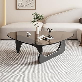 Triangle Coffee Table Modern Noguchi End Table, Solid Wood Base and 8mm Thick Tempered Glass Top Accent for Living Room Office Hotel Patio (Black Legs + Teal Glass, 36 * 26 * 16)