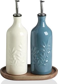 Sweejar Ceramic Olive Oil Dispenser Bottle, 20 Oz Relief Opaque Oil Cruet Protects To Reduce Oxidation, Suitable for Storage Vinegar, Soy Sauce,Liquids,Set of 2 (Beige Fog Blue)