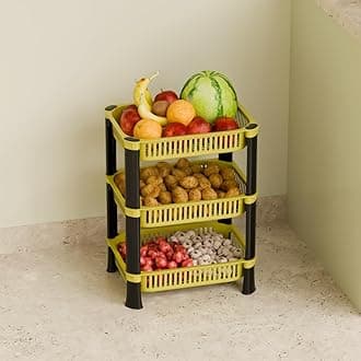 Multipurpose Plastic Storage Rack for Kitchen, Onion Potato Sabji, Fruit Corner Storage Stand Basket, Folding Rack, Countertop Kitchen Organizer Cart, Trolley Rack (3 Layer, Banana Yellow)