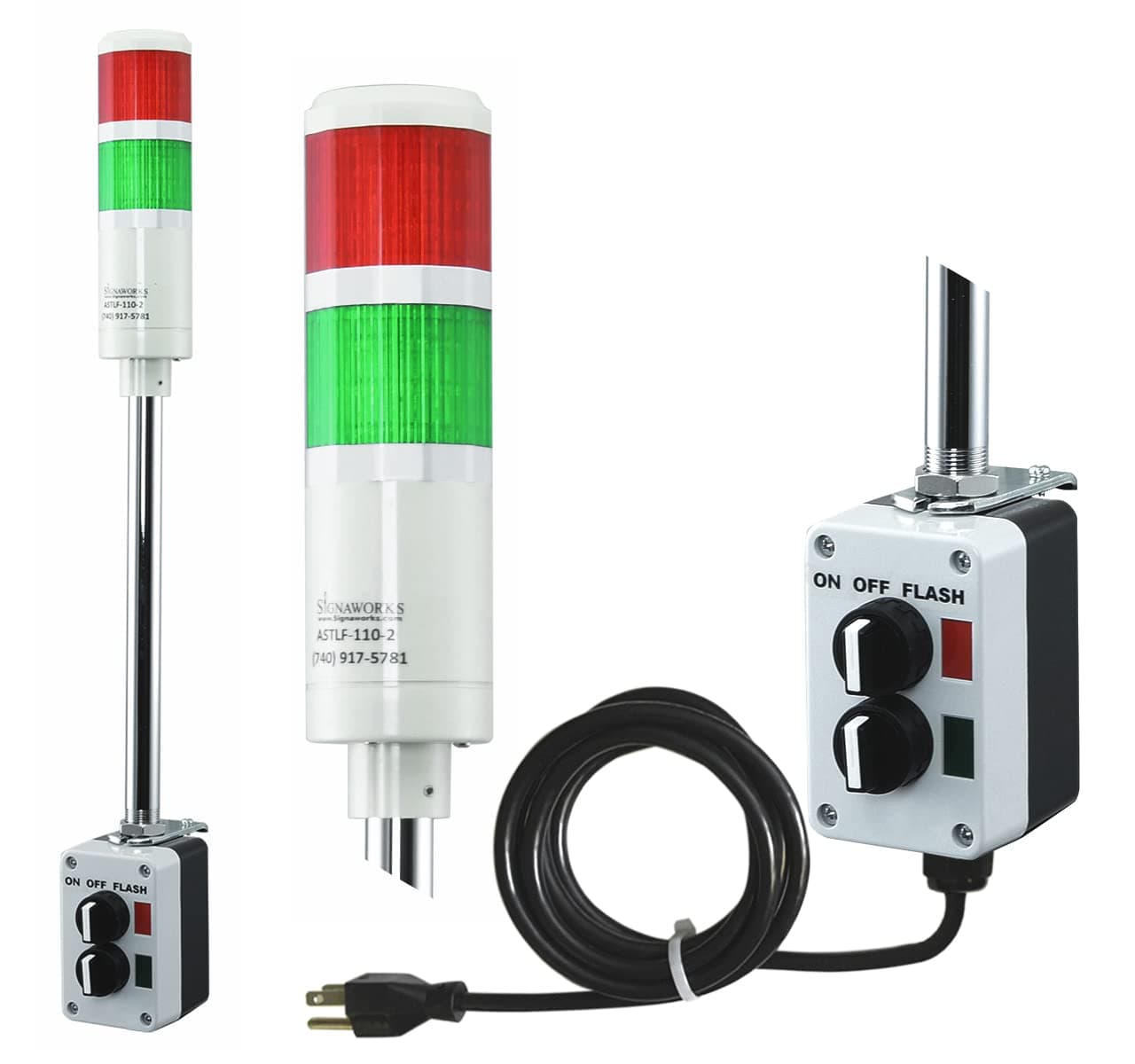 Signaworks 2 Stack Super Bright LED Andon Tower Light, 3 Position On-Off-Flash, Red/Green, 8 ft Industrial Power Cord, Plug & Play Ready, 3 Prong Plug Meets OHSA Standard * Assembled in USA *
