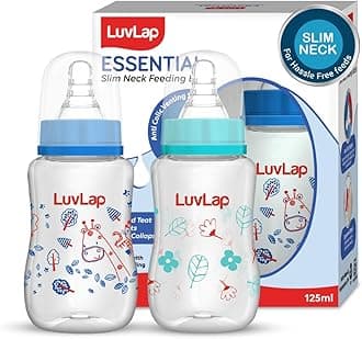Baby Essential Slim Neck Plastic Feeding Bottle, 125Ml, Flower & Jungle, with anti Colic Nipple, New Born / Infants / Toddler upto 3 years, BPA Free, Pack of 2, Blue Green