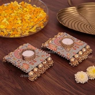 Designer Tealight Candle Holders for Side or Center Home Decoration, Tea Light Candle Holders for Diwali, Rangoli, Handmade Tlight for Festival Decoration Items, 2 Pcs