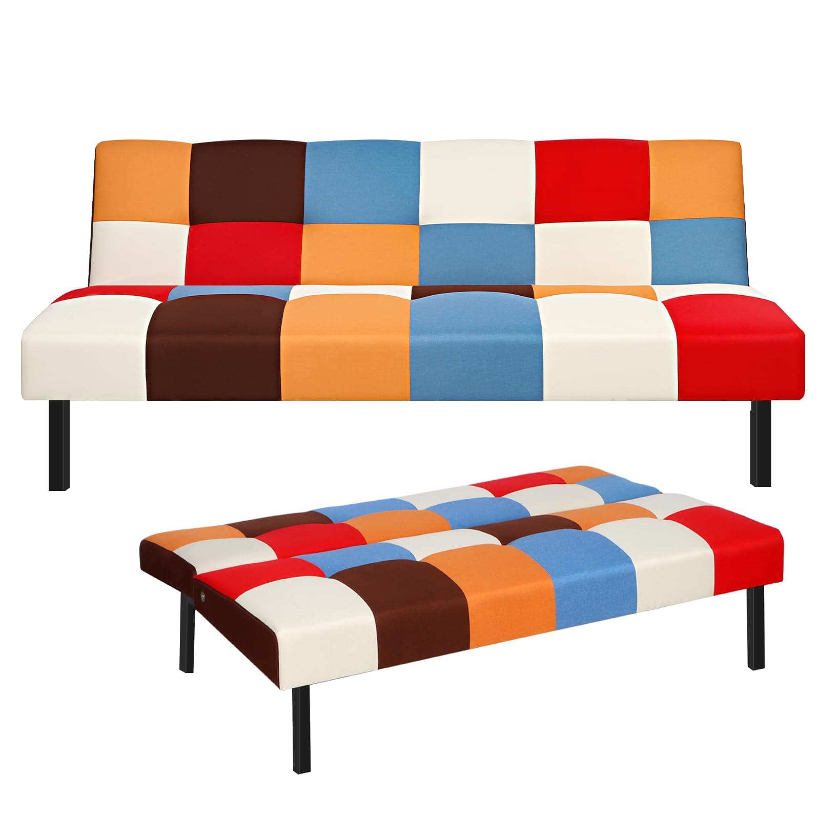 Panana Sofa Bed Click Clack Modern Sleeper Sofa Settee Rainbow Patchwork for Living Room/Guest Room