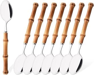 8-Piece Natural Bamboo Dinner Spoon Set, Stainless Steel With Bamboo Handle for Home Kitchen Restaurant, Mirror Polished, 8.03 Inch