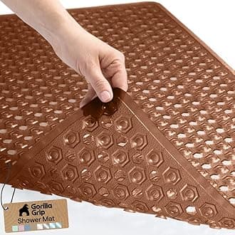 GORILLA GRIP Patented Bath Tub Shower Mat, Machine Washable Bathtub Floor Liner Mats, Suction Cups and Drain Holes to Keep Tubs Clean, Soft on Feet, Bathroom Essentials, 35x16 Inch, Brown