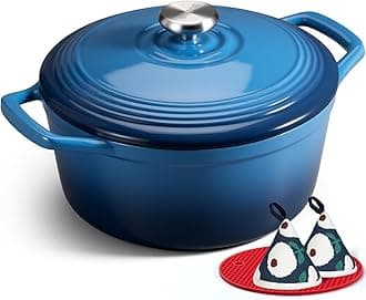Overmont Refined Enameled Cast Iron Dutch Oven - 5.5QT Pot with Wide Handles Lid Cookbook & Cotton Potholders - Heavy-Duty Pre-Seasoned Cookware Oven Safe to 500°F for Braising, Stews, Roasting, Bread Baking