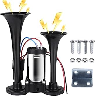 Upgraded 12V 600DB Air Horn Dual Trumpets, Super Loud Truck Train Horns Kit with Air Compressor for Any 12V SUV Motorcycle Trucks Pickup Lorries Trains Cars Boats