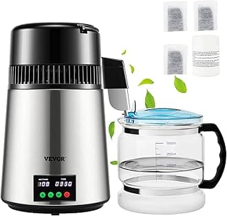 1.1 Gal Water Distiller, 0.3 Gal/H, Distilled Water Maker Machine 750W 0-99H Timing Set Temp Display, 304 Stainless Steel Countertop Distiller Glass Carafe Cleaning Powder 3 Carbon Packs, Silver