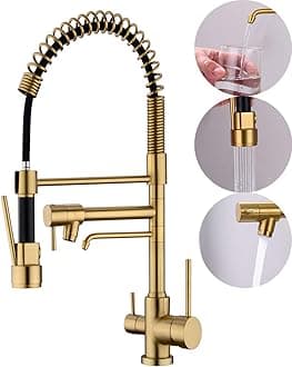 Delle Rosa Kitchen Faucet, 3 Way Drinking Water Faucet, 3 in 1 Water Purifier Faucets, High Arc and Dual Handles Commercial Kitchen Sink Faucetss Brushed Gold