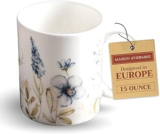 Maison d' Hermine Coffee Mug with Handles Fine Bone China Mugs Pack of One Tea Cups for Hot Beverages Cappuccino Latte Home Restaurant Office Perfect for Gift (Ice Florals - Forsty Morning, 15 Ounce)
