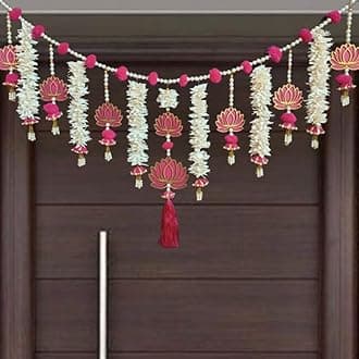 Pink Wooden MDF Lotus (TL-01) Style Handmade Door Bandarwal Toran (Both Side Lotus) -Diwali Ganesh Pooja New Year Inauguration Wedding Festival Home Decor (40 in X 15 Inches)