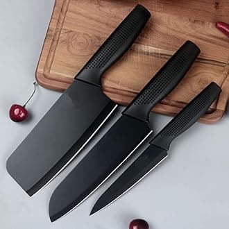 Carrot Kitchen Knife Stainless Steel 3 Pieces Professional Knife Set with Color Coating and Non-Slip Handle (Black)
