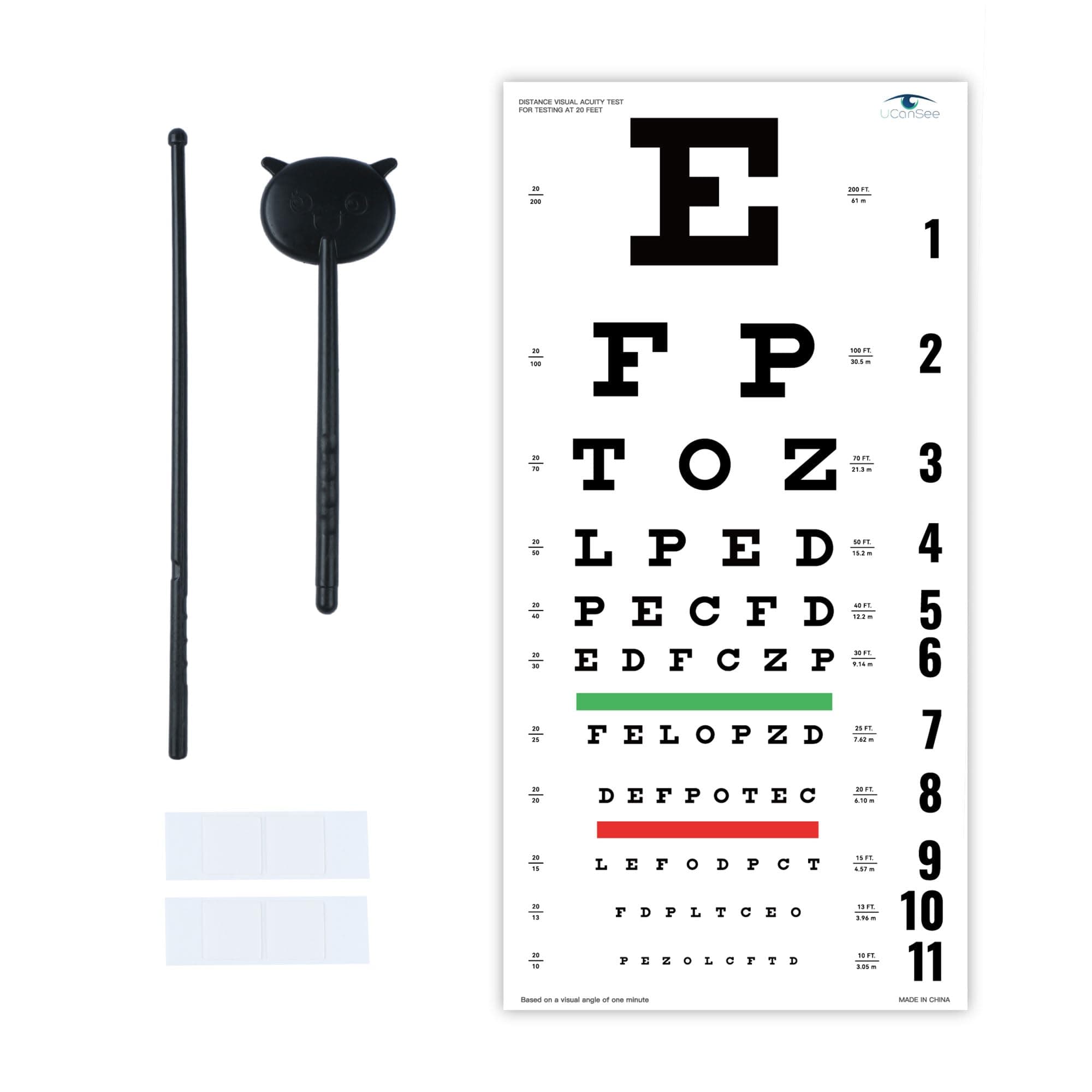 Snellen Eye Chart Visual Acuity Chart with Eye Occluder and Pointer for Eye Exams 20 Feet (22x11 Inches)
