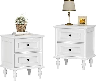 Scurrty Antique Style End Table with 2 Drawers, Taller Nightstand for Bedroom, Side Table for Bedroom,Nightstand Set of 2(Double White