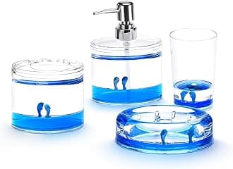 Locco Decor 4 Piece Acrylic Liquid 3D Floating Motion Bathroom Vanity Accessory Set Ocean Cartoon Animal Theme Dolphin Toothbrush Holder, Tumbler, Soap Dispenser, Soap Dis
