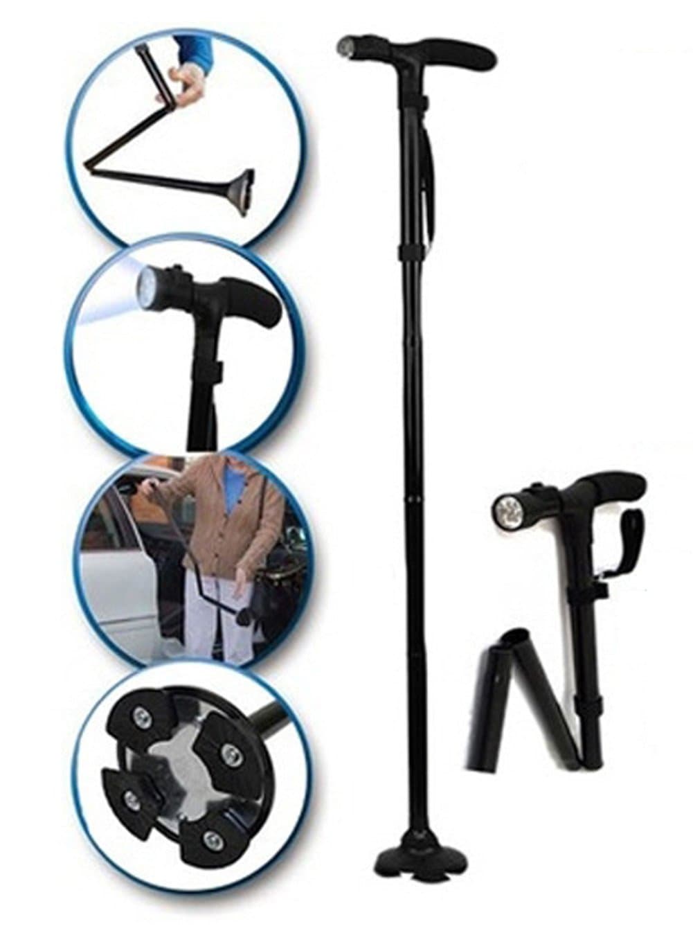 4-Stage Semi-Automatic Folding LED Cane Stool 5 Stage Height Adjustable Walking Staff