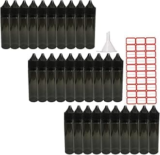 Squeezable 60ml Empty Drop Bottle Food Grade PET Transparent Black Plastic Bottle with Childproof Tampering Black Cap with Funnel Sticker Labels (30 Pack)