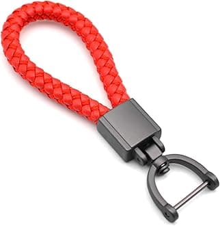 FEYOUN Universal Red Leather Car Fob Keychain Metal Keyring Woven Strap Braided Rope Key Chain for Men and Women - Matte Black Color, with 360 Degree Rotatable D-ring and Screwdriver