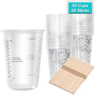 XUXU 50pcs 8oz Graduated Clear Plastic Measuring Cups with Wooden Stirring Sticks for Mixing Paint, Pigments, Epoxy Resins, Resins