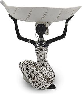 African Woman Holding White Leaf Bowl Statue, Modern Resin Figurine Sculpture, Boho Home Table Decoration for Living Room or Entryway