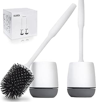 Hulameda Toilet Brush and Holder 2 Pack, Silicone Toilet Cleaning Brush with Quick Drying Holder, 3.2 x 5.5 Inches, Gray & White, (Flooring/Mounted Wall)