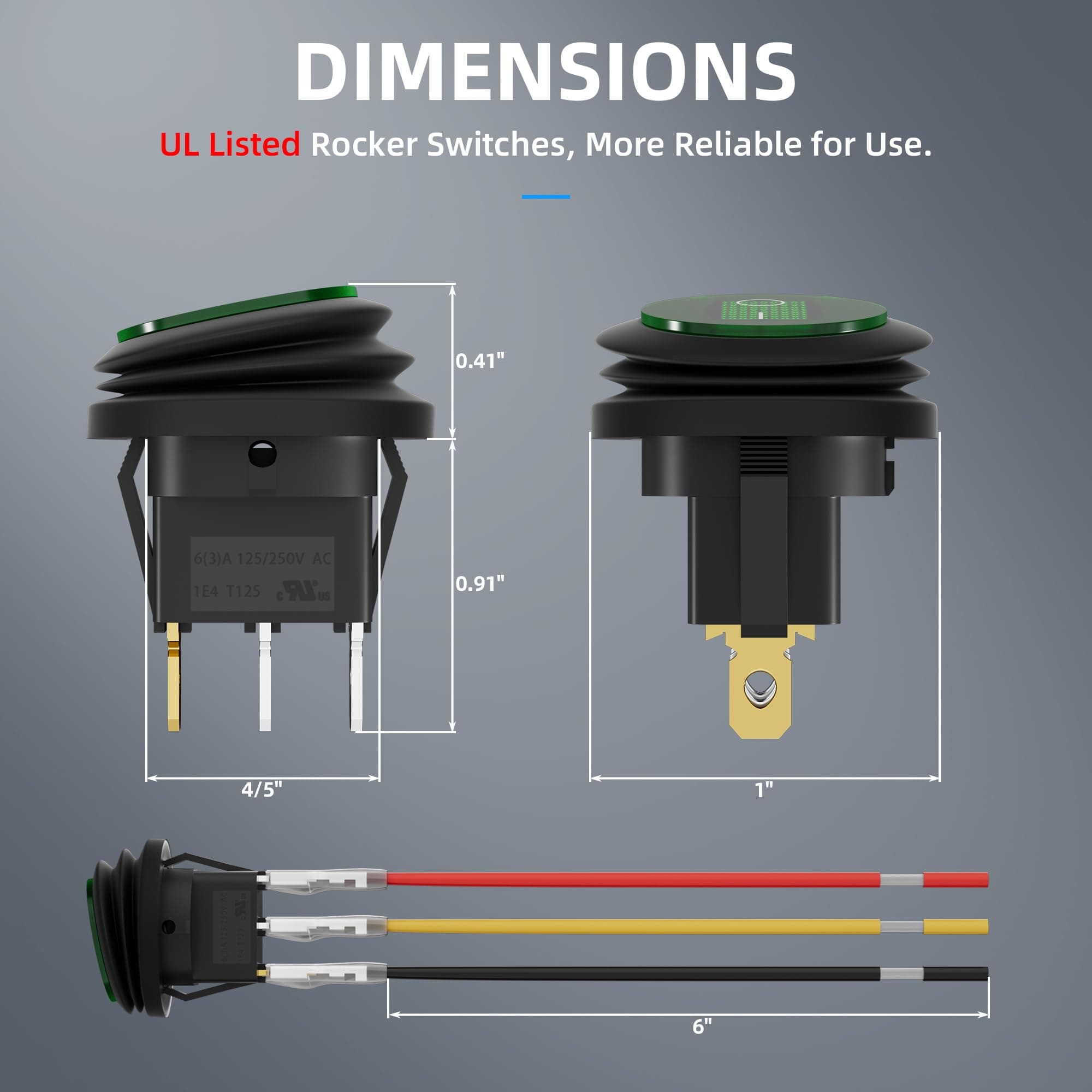 DaierTek Round Toggle Switch Green LED [UL Listed] 12V 20A Waterproof Rocker Switch 3 Pin SPST Lighted ON Off Marine Switch for Car Motorcycle UTV ATV -5pcs