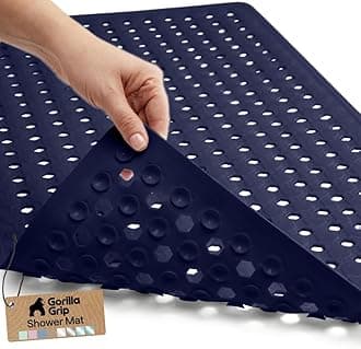 The Original Patented Shower and Bathtub Mat, 35x16, Long Bath Tub Floor Mats with Suction Cups and Drainage Holes, Machine Washable and Soft on Feet, Bathroom Accessories, Navy Opaque