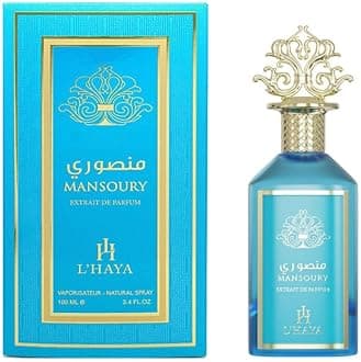 L'Haya Mansoury Extrait de Parfum, Luxury Middle Eastern Fragrance, Turquoise Blue Glass Bottle with Gold Crown Cap, 3.4 Fl Oz, 100ml