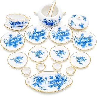 1/12 Miniature Dish Dinnerware Set 17Pcs Dollhouse Decoration Accessories, Blue Blossom