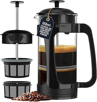 ESPRO P3 French Press Coffee Maker – Patented Double Micro-Filter for Grit-Free Brew, Heat Resistant thicker Borosilicate Glass Coffee press – (Black 32 oz)