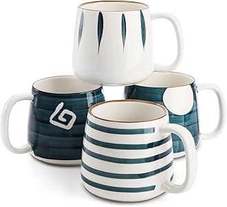 DEAYOU Set of 4 Porcelain Coffee Mugs, 17 Oz Ceramic Coffee Cups with Handles, Large Hand-Painted Tea Cups for Cappucino, Milk, Latte, Cocoa, Hot or Cold Drinks, Microwave & Dishwasher Safe