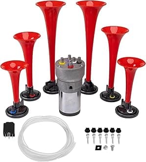FARBIN Musical Horn 6 Trumpet Music Sound Air Horn with Compressor Play Godfather Melody Red 12V 150db for Train Truck Car Boat RV UTV Motorcycle (Godfather)