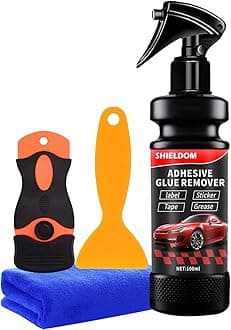 Adhesive Remover, Dissolve & Soften Adhesives on Car Glass & Paint, Easily Remove Glue Sticker Labels Decals Tape Residue, Portable Spray Removal Set with Scraper, Spatula, Towel -3.4oz/100ml