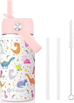 Fimibuke Kids Insulated Water Bottle, 14oz BPA FREE 18/8 Stainless Steel Travel Tumbler Double Wall Vacuum Leak Proof Kids Cup with Straw Metal Bottle for School Boys Girls(1 Pack, WHITE DINOSAUR)