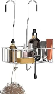 Bamodi Shower Caddy Hanging Stainless Steel - Rustproof Hanging Basket with Hooks - Shower Shelf Bathroom Accessory with Silicone Sleeves and Rubber Rings for Noise Cancelling (40x25x13 cm)