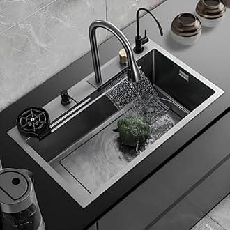HARDSTONE 24 x 18 x 9 Inch Stainless Steel Multifunctional Kitchen Sink with Waterfall Outlet Pull-Down Faucet & Cup Washer Honeycomb Workstation Sink with Drain Baskets