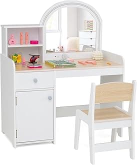 GYMAX Kids Vanity Table and Chair Set, Children Dressing Table with 2-Color LED Lighted Mirror, Drawer, Shelves and Cabinet, Wooden Girls Make up Table Set for Bedroom (White+Natural)