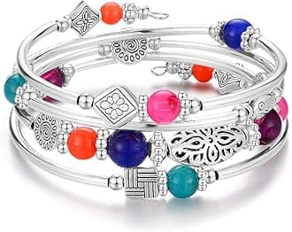 Layered Wrap Bangle Turquoise Bracelet - Bead Bracelet with Natural Agate Stone, Gifts For Women