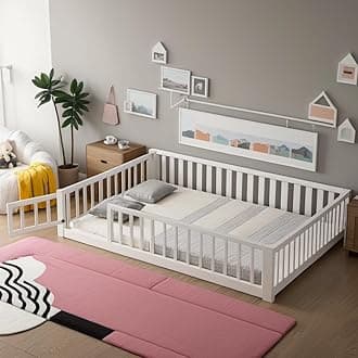 Full Size Montessori Floor Bed Frame with Convertible Door & Wood Slats for Kids,Wood Montessori Bed with Safety Guardrails for Girls & Boys,White